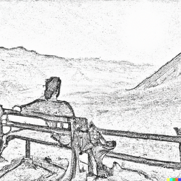 Pencil Sketch of a Man sitting on a bench enjoying a view down a valley